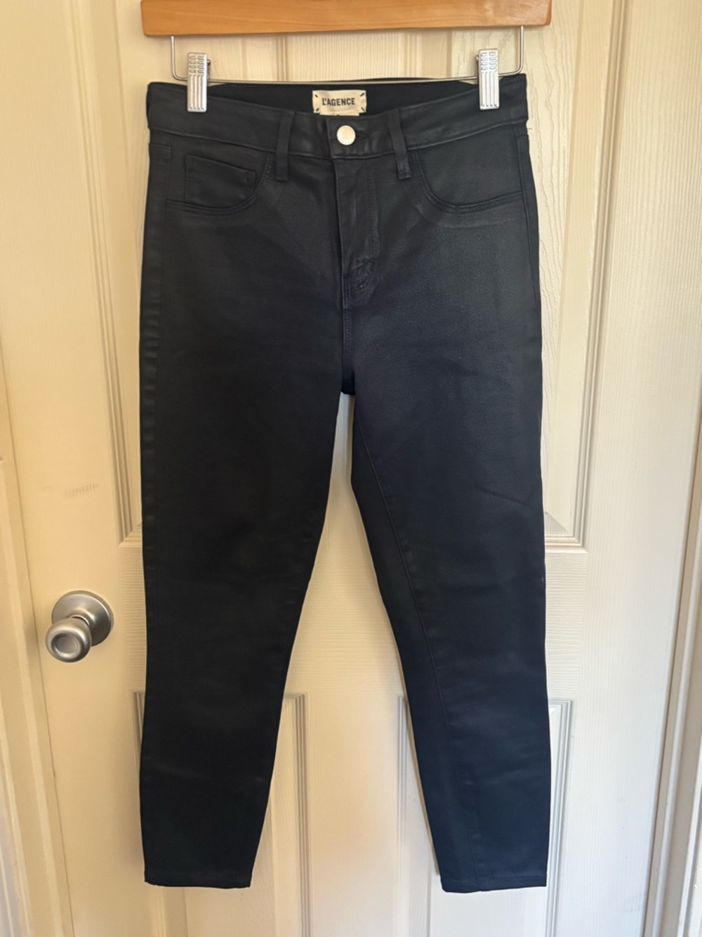 L’AGENCE Coated High Rise Skinny Jeans | Size 26 | Shiny Dark Blue - Picture 2 of 5